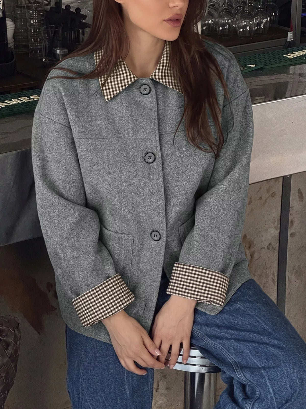 Button-Down Outerwear with Gingham Contrast Details - Gray - View 1