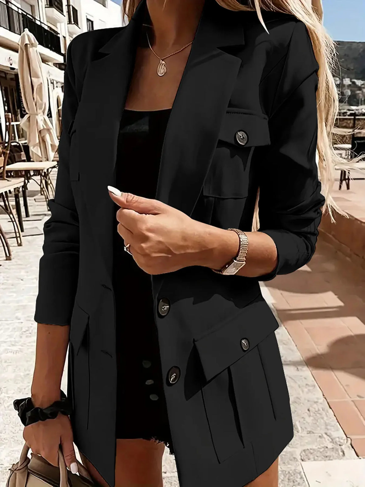 Lapel Collar Long Sleeve Blazer - Black - View 9