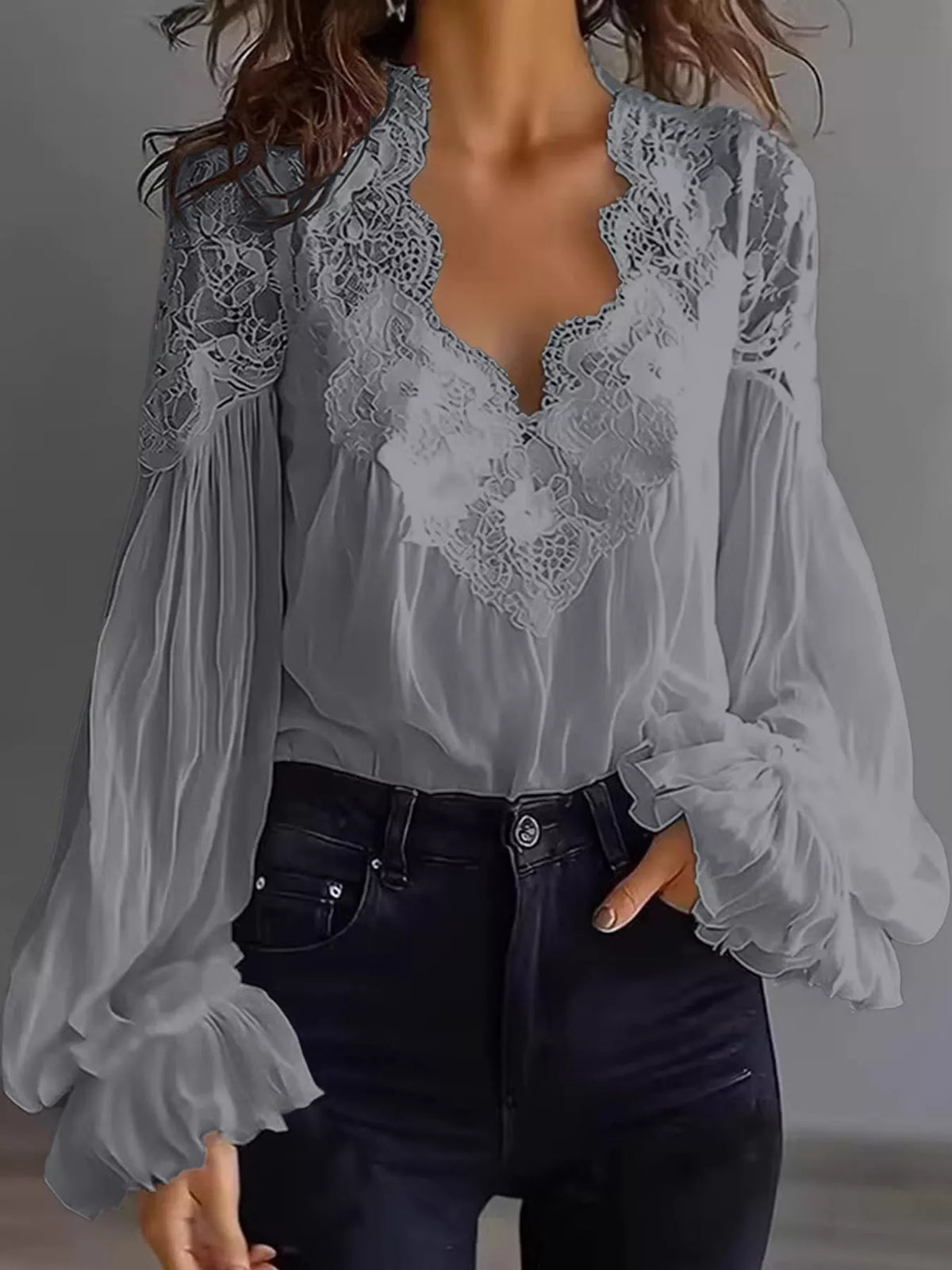 Full Size Lace V-Neck Flounce Sleeve Blouse Plus Size - Grey - View 19