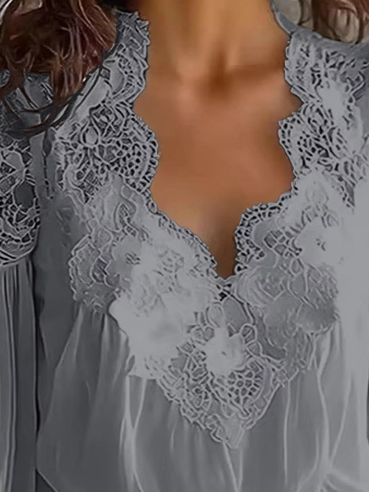 Full Size Lace V-Neck Flounce Sleeve Blouse Plus Size - Grey - View 20