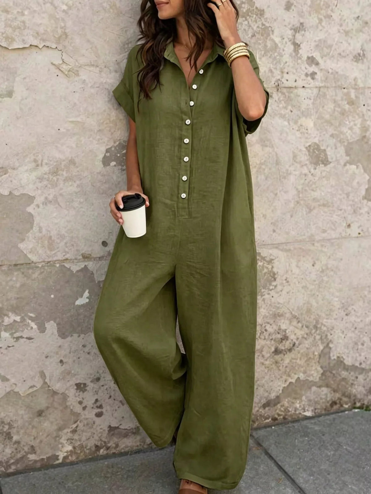 Button Front Short Sleeve Jumpsuit - Green - View 1