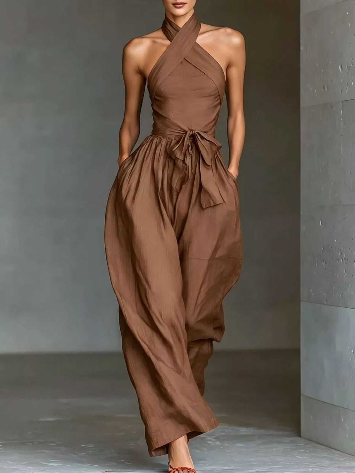 Halter Neck Wide-Leg Jumpsuit with Waist-Tie Detail - Brown - View 1