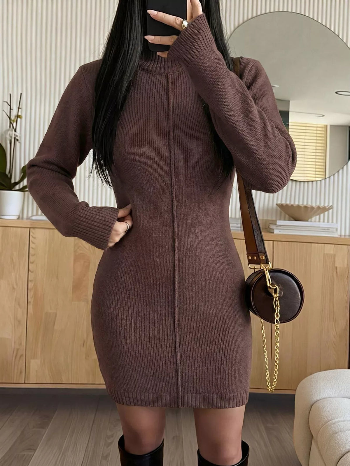 Turtleneck Ribbed Knit Sweater Dress - All Colors - View 1