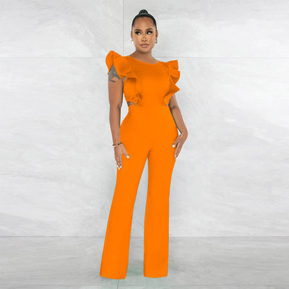 Round neck solid color jumpsuit