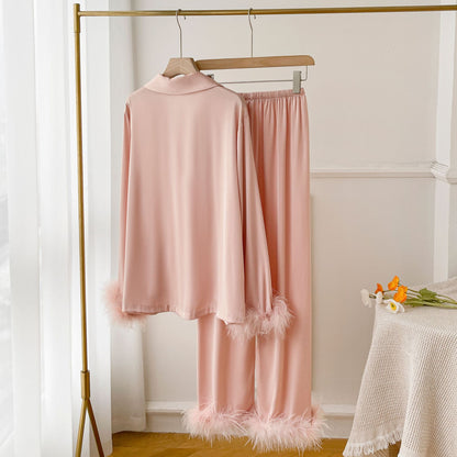 Lady's Luxurious Feather Ice Silk PajamasAutumn Elegant Satin Home Wear Suitable for Outerwear, Spring and Autumn