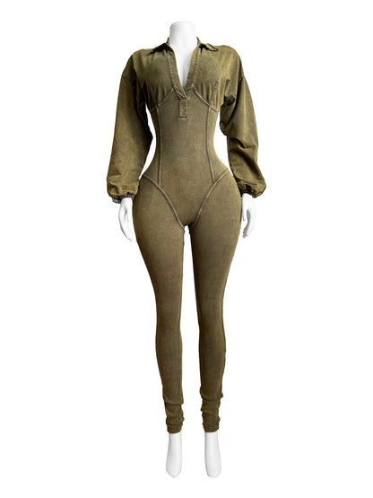 Fashionable women's washed and aged sexy deep V-tight long sleeved autumn and winter jumpsuit