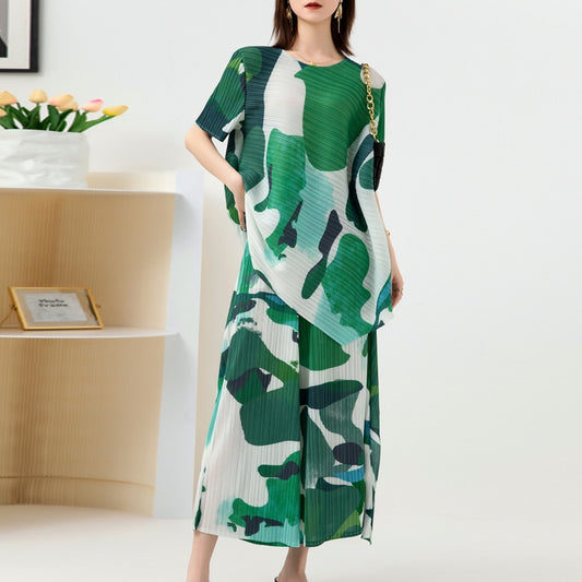 Pleated Fashion Suit Women's Summer New Design Sense Printed Large Size Top Wide Leg Pants Two-Piece Set