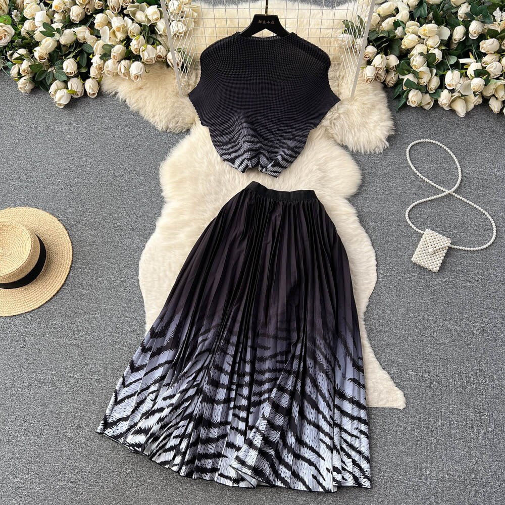 [EWQ] Elegant Short sleeved women's shirt+high waisted pleated skirt trend  2-piece set Summer vacation party clothing
