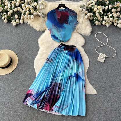 [EWQ] Elegant Short sleeved women's shirt+high waisted pleated skirt trend  2-piece set Summer vacation party clothing