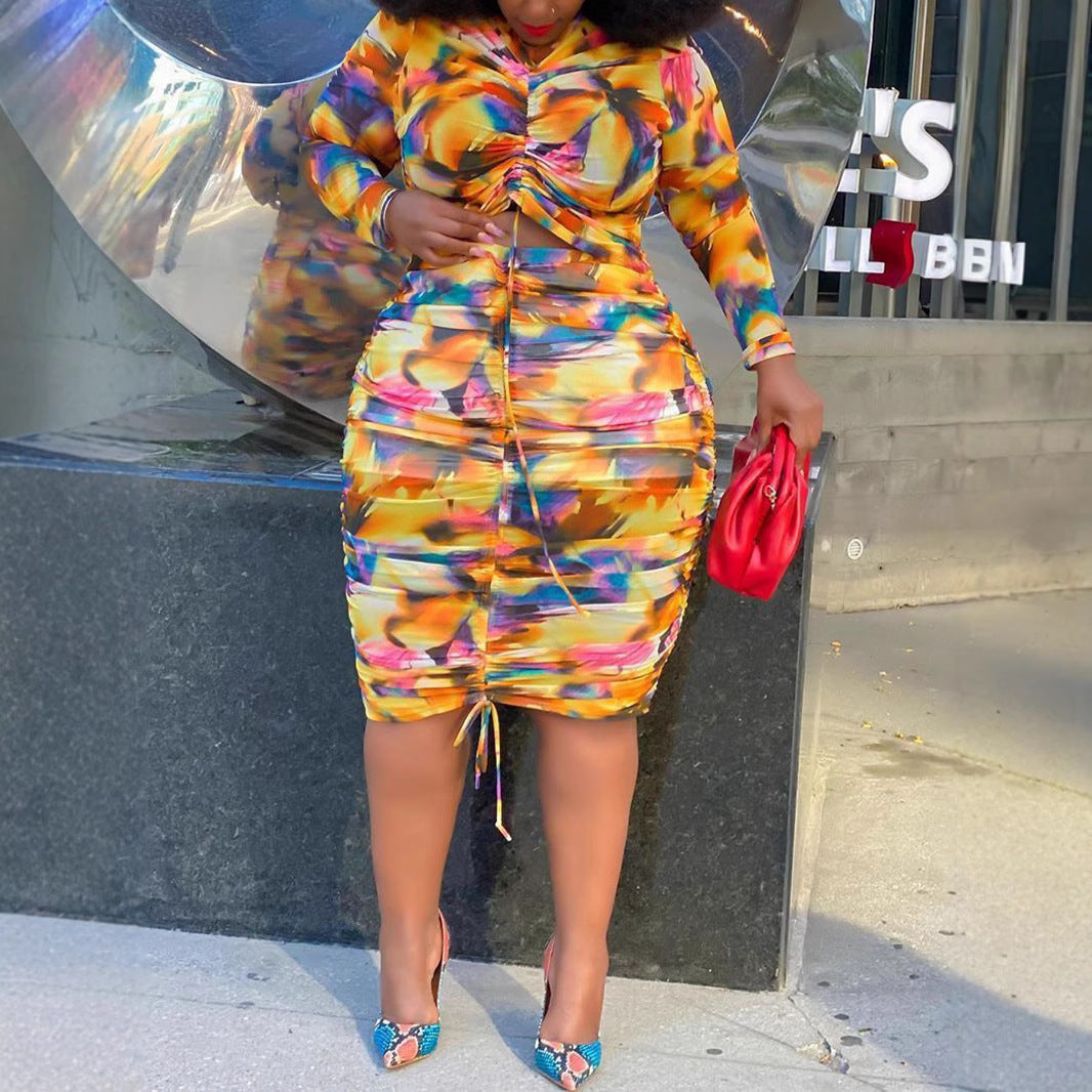 Style Plus Size Women's Long Sleeve Two-Piece Set with Irregular Elastic Printed Pleated Skirt Ensemble