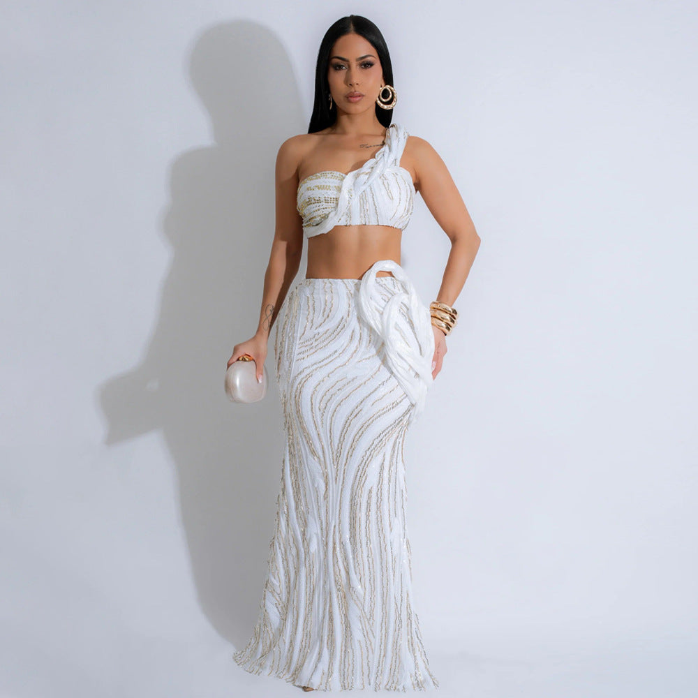 Sleeveless One-Shoulder Short Top with Sexy Fitted Skirt Set