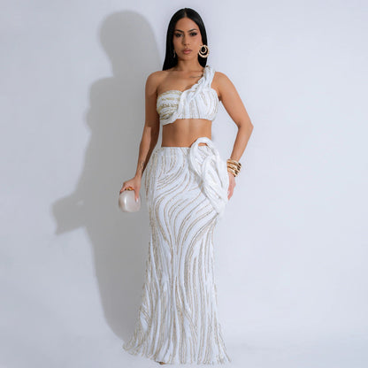 Sleeveless One-Shoulder Short Top with Sexy Fitted Skirt Set