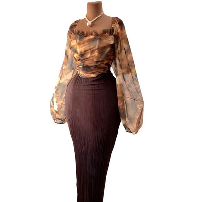 Square collar lantern sleeve shirt high waisted skirt two-piece set