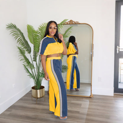 Denim Spliced Stand Collar Zipper Top with Wide-Leg Pants Set for Women