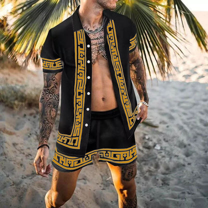 Casual loose print two-piece shirt beach suit for men