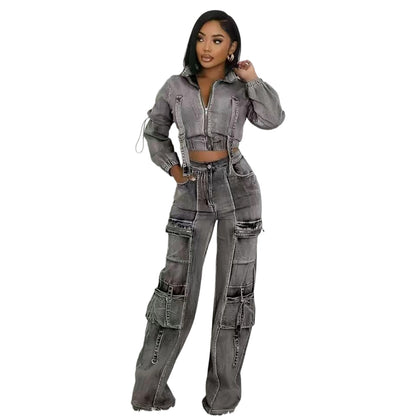 Fashionable Sexy High-Elastic Multi-Pocket Washed Denim Casual Two-Piece Set for Women