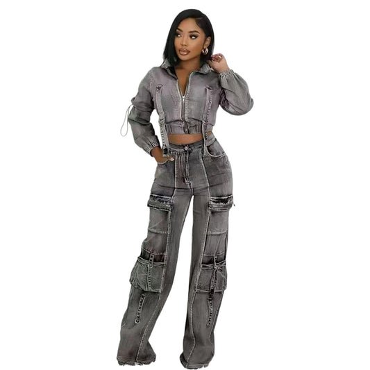 Fashionable Sexy High-Elastic Multi-Pocket Washed Denim Casual Two-Piece Set for Women