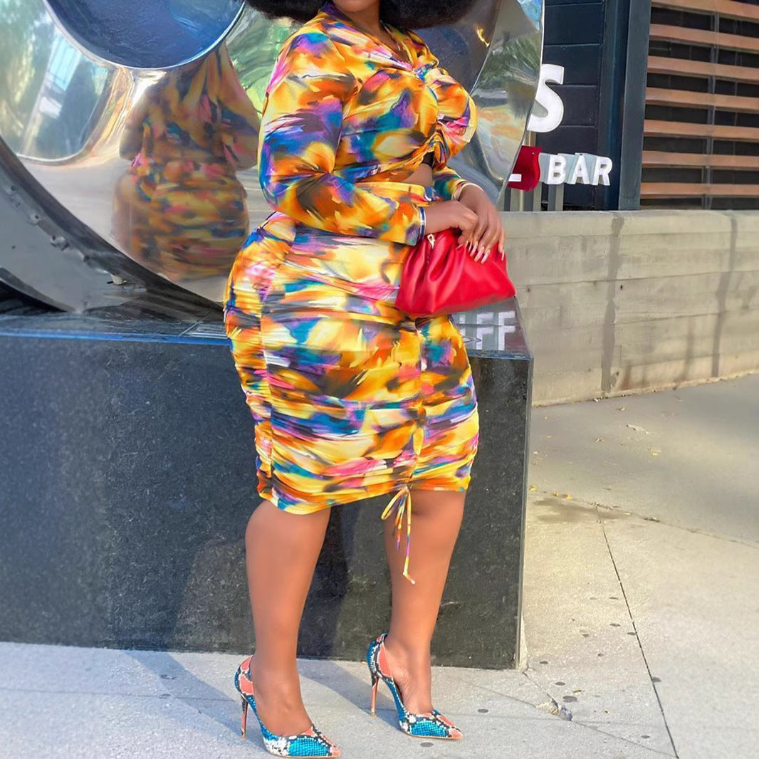 Style Plus Size Women's Long Sleeve Two-Piece Set with Irregular Elastic Printed Pleated Skirt Ensemble