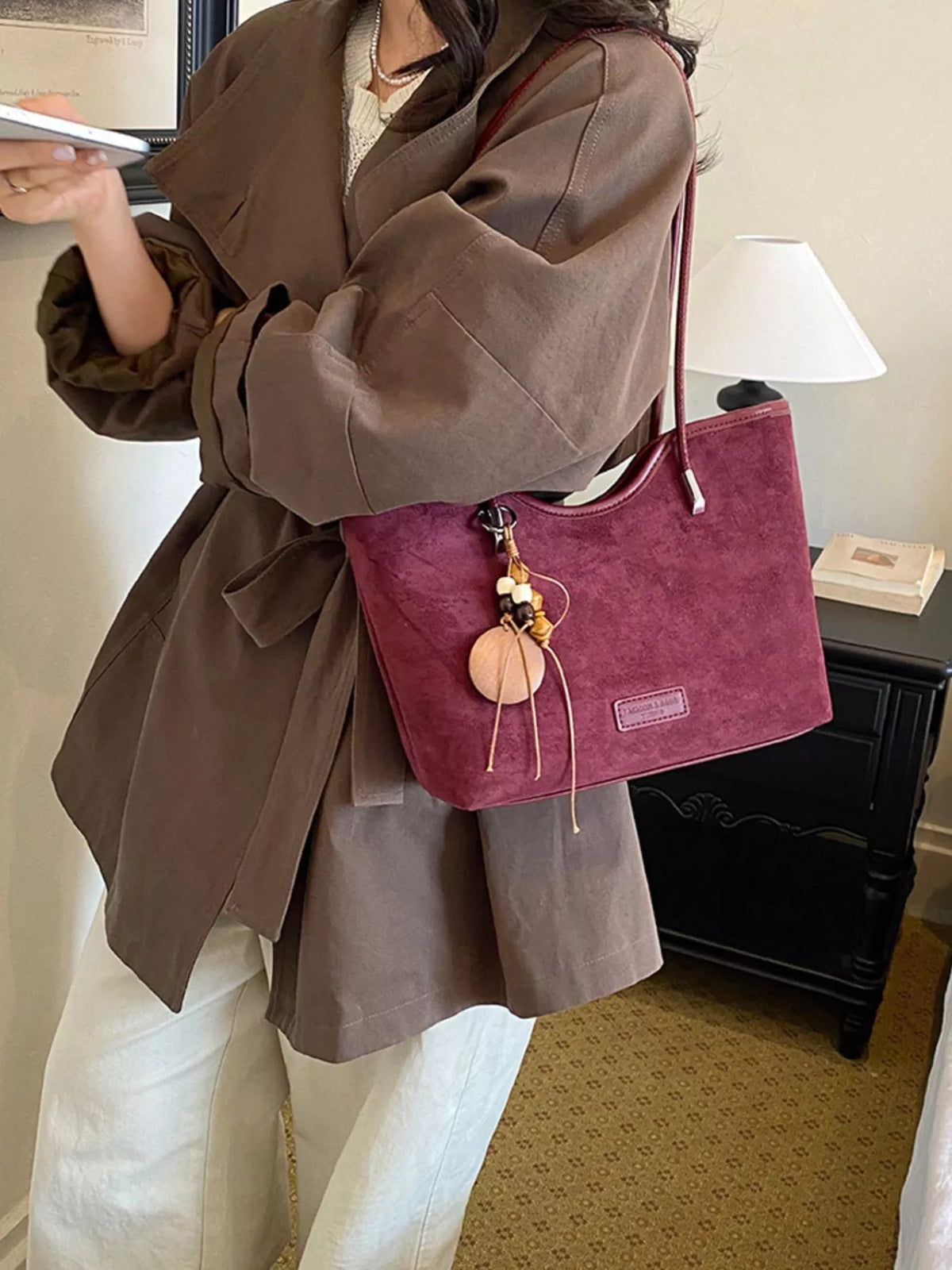 Solid Suede Shoulder Bag - Wine Red - View 3
