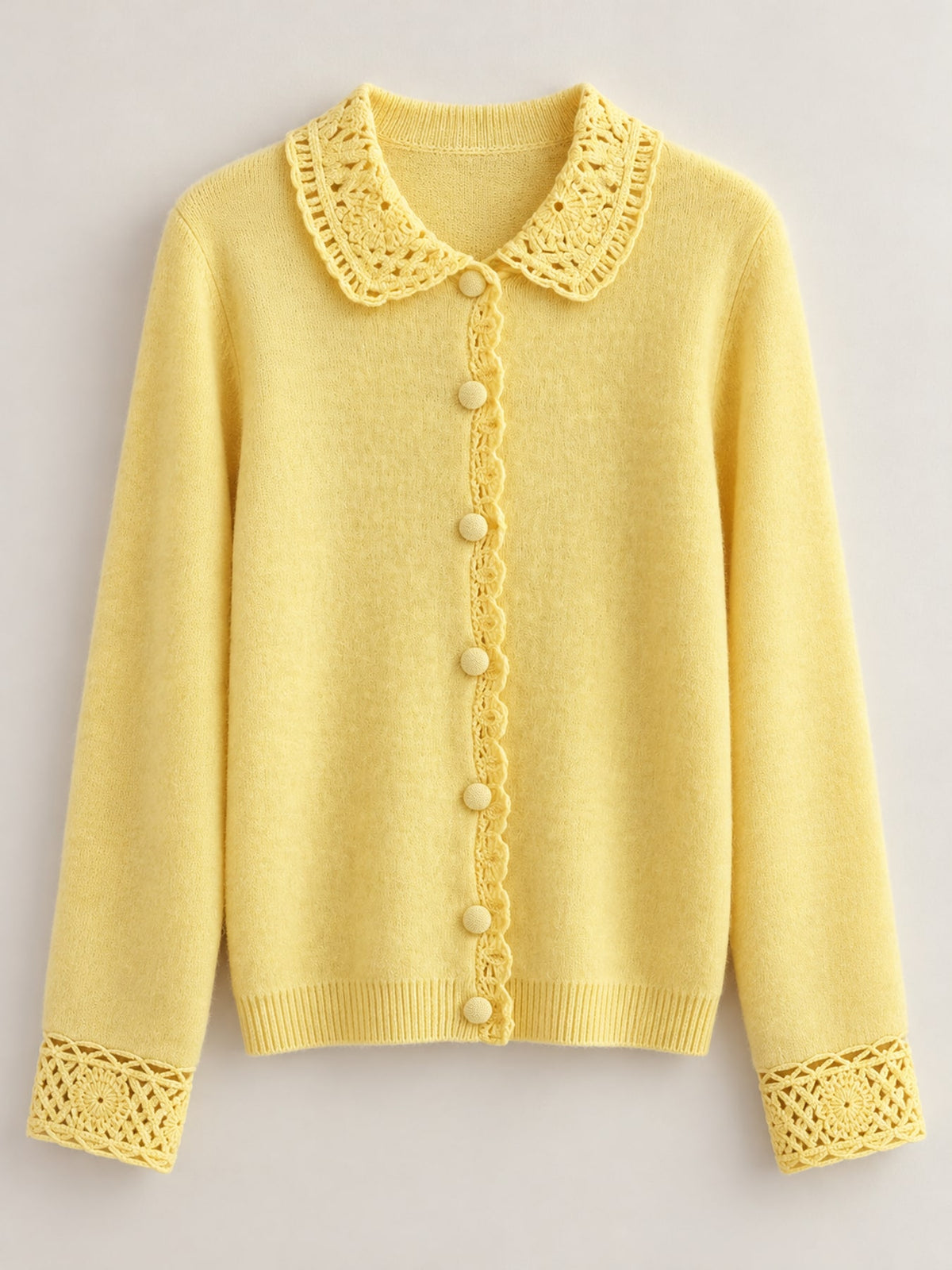 Lace-Collar Button Down Knit Cardigan - Yellow - View 26
