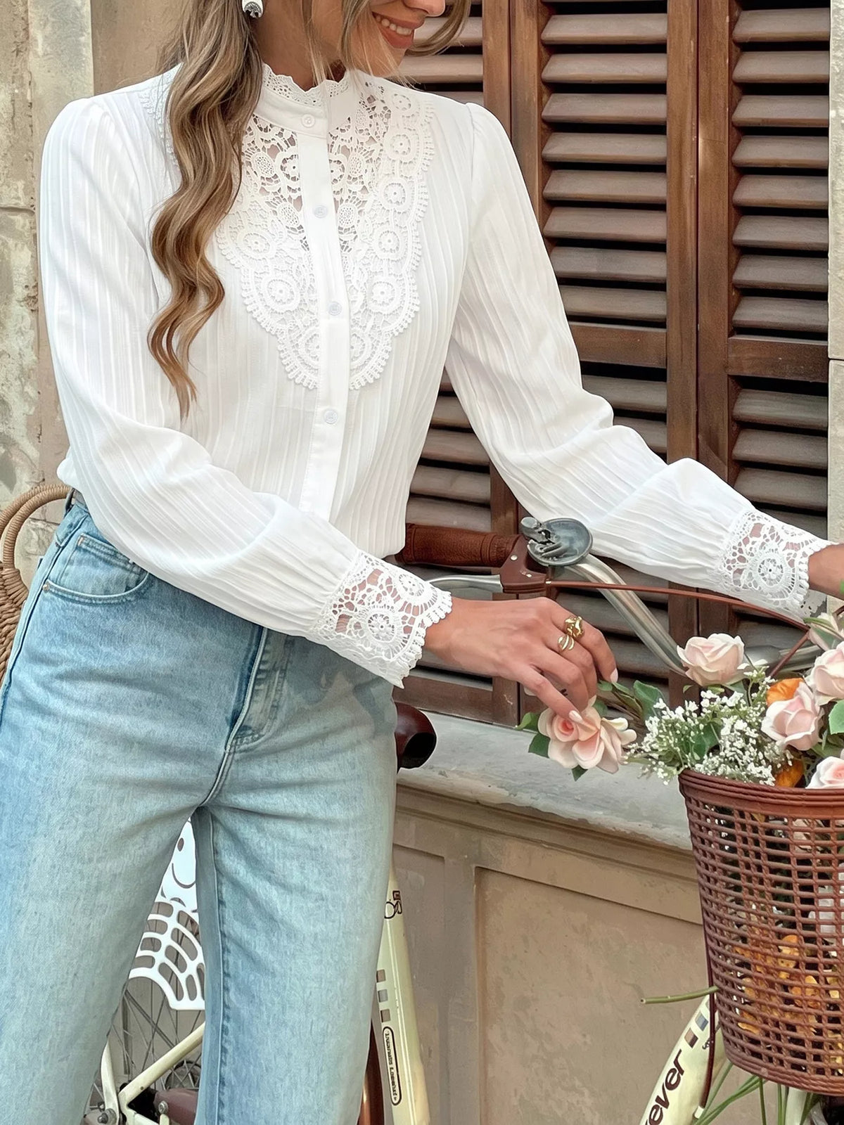 Lace Detail Long Sleeve Shirt - White - View 4
