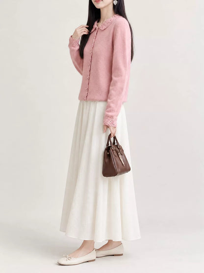 Lace-Collar Button Down Knit Cardigan - Pink - View 3