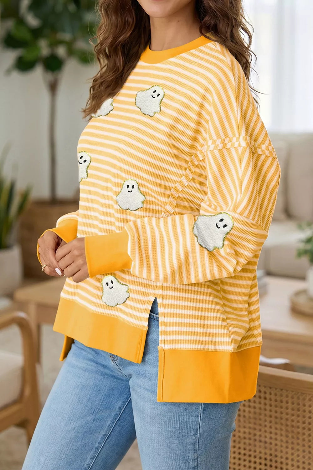 Stripe Halloween Ghost Patch Round Neck Long Sleeve Top - Sherbet - View 4