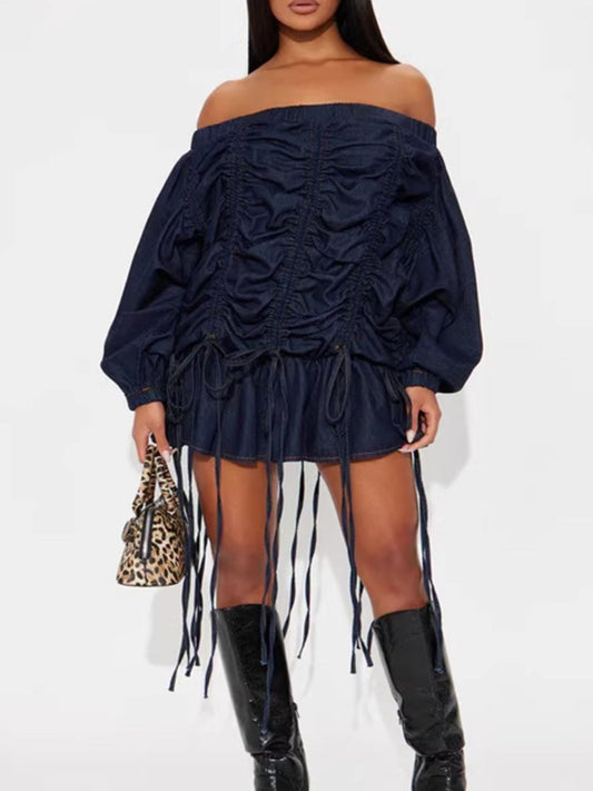 Off-Shoulder Ruched Denim Dress - product photo 1
