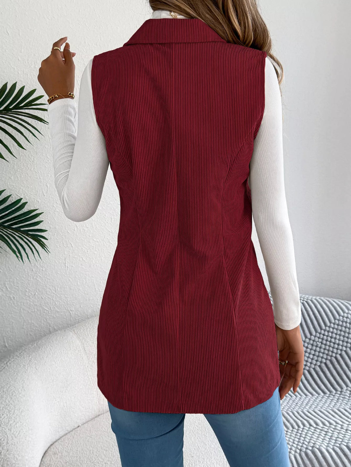 Button-Front Longline Vest Coat - Burgundy - View 8