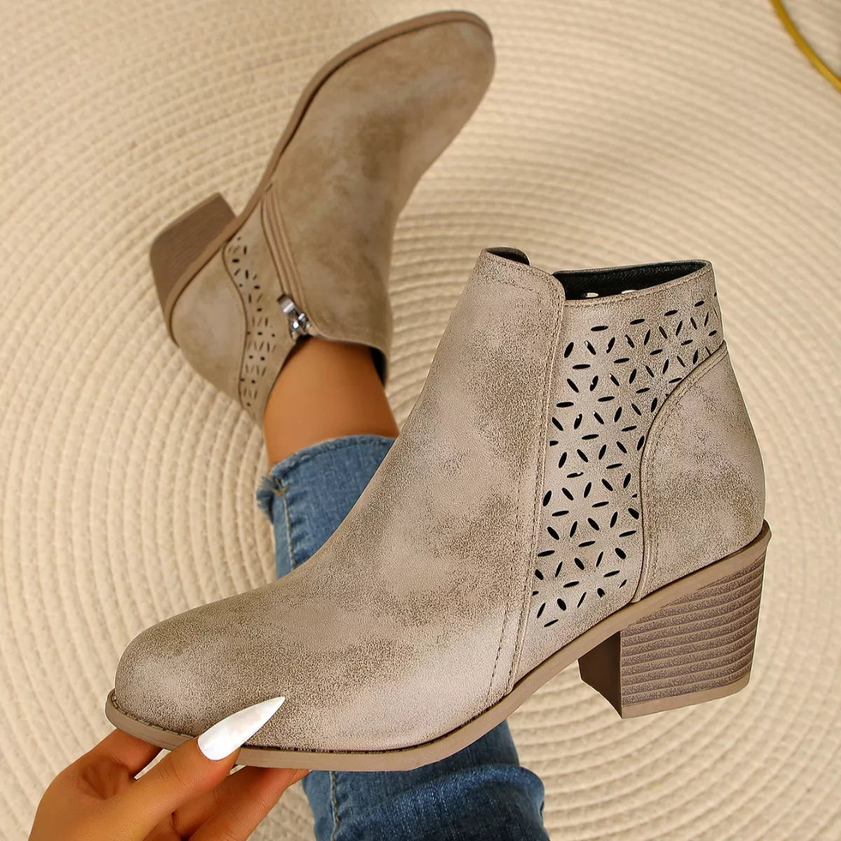 Point Toe Block Heels Boots - Khaki - View 25