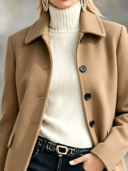 Button Up Collared Neck Coat - Khaki - View 2