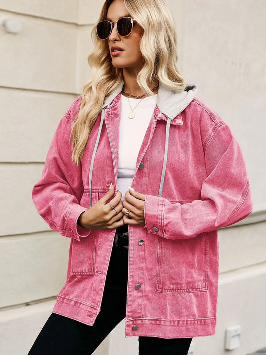 Oversized Button Up Denim Jacket with Hood - product photo 1