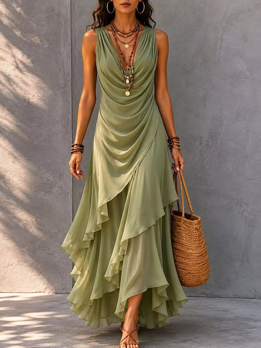 Sleeveless Layered Ruffle Hem Maxi Dress - Moss - View 1