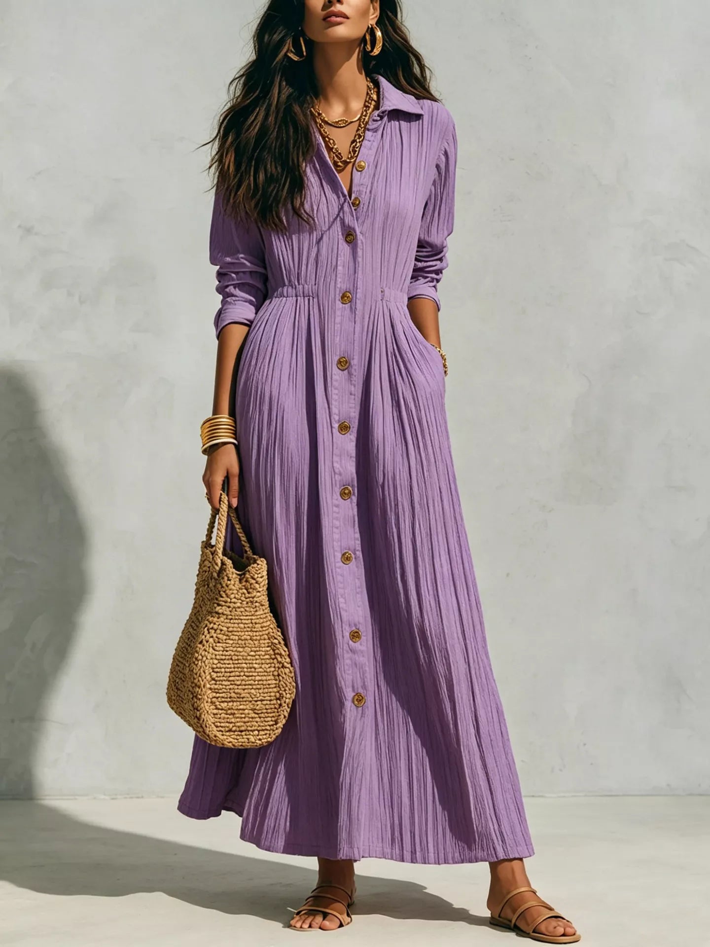 Full Size Textured Button Down Long Sleeve Maxi Dress Plus Size - Purple - Styled Front View