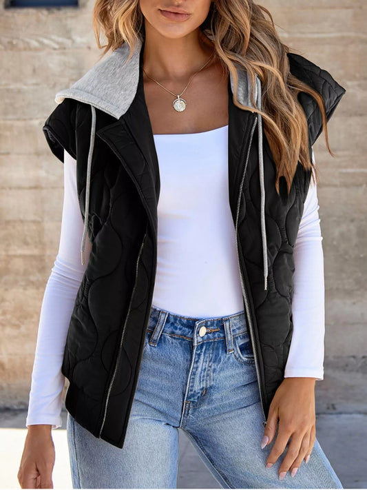Quilted Drawstring Hooded Zip Up Puffer Vest - Black - View 2