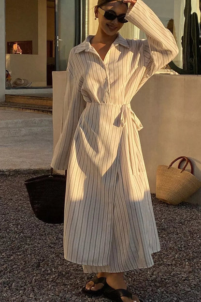 Striped Button-Down Shirt Dress with Waist Tie - White - View 3