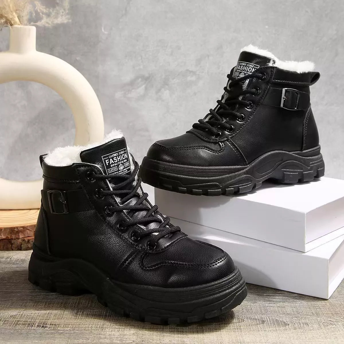 Lace-Up Ankle Boots with Buckle Detail - Black - View 3