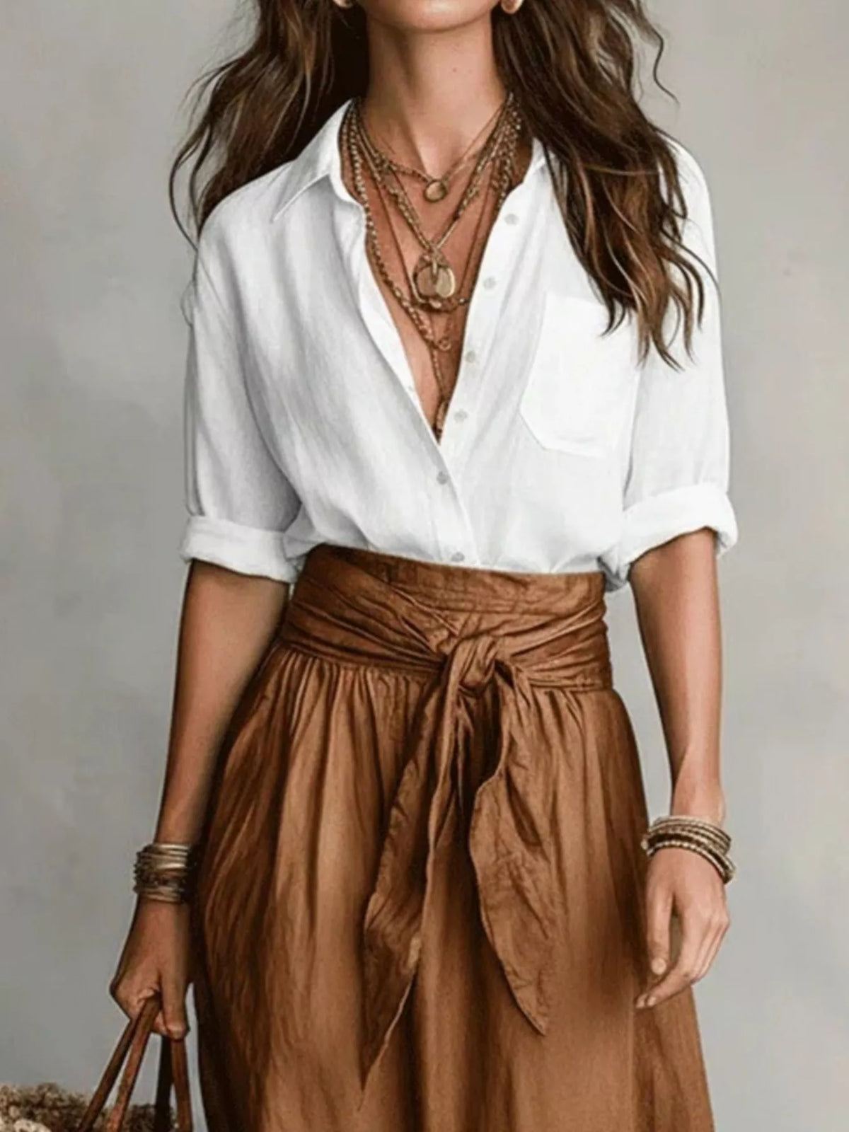 Full Size Button-Down Shirt and Skirt Set Plus Size - Caramel - View 2