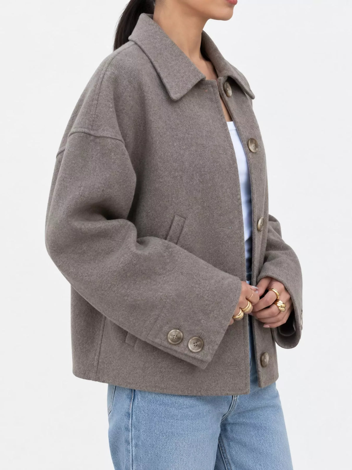 Button-Up Dropped Shoulder Outerwear - Taupe - View 1