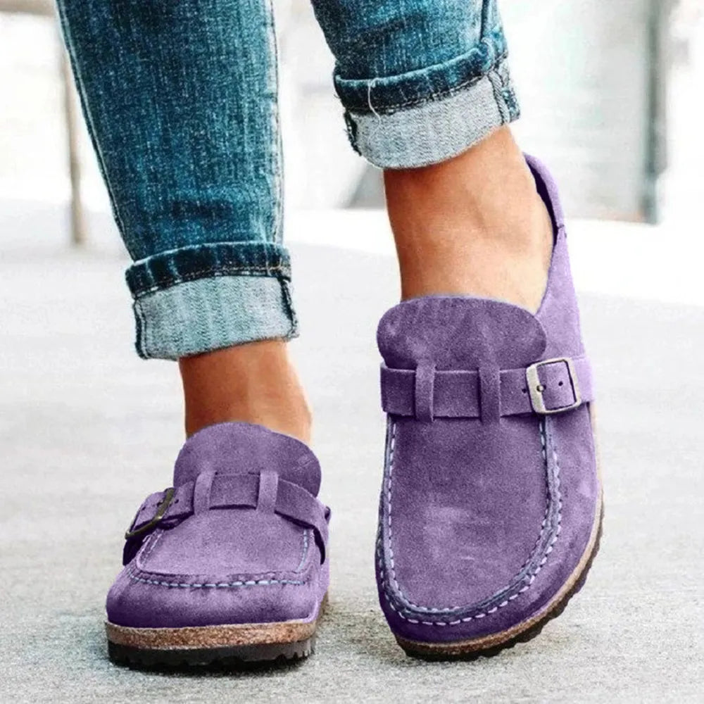 Round Toe Low Heel Buckle Loafers - Purple - View 5