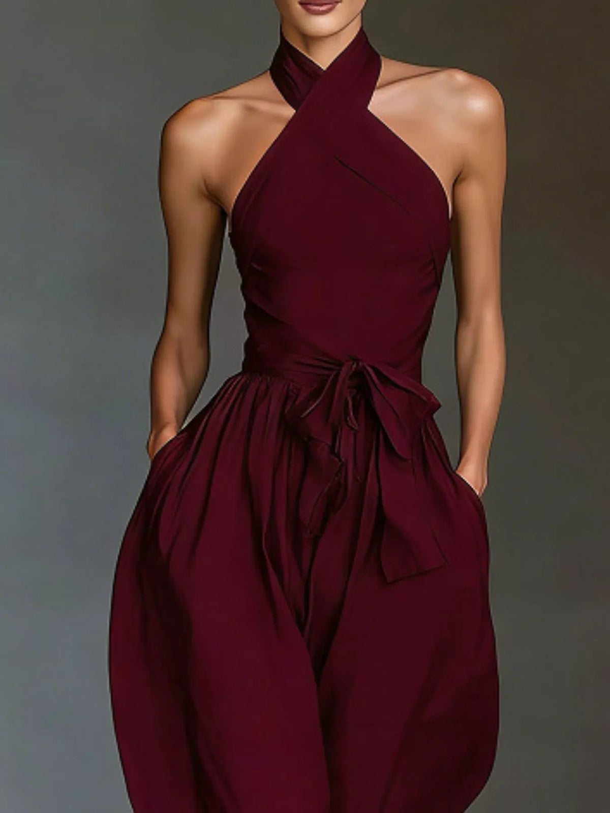 Halter Neck Wide-Leg Jumpsuit with Waist-Tie Detail - Wine Red - View 2