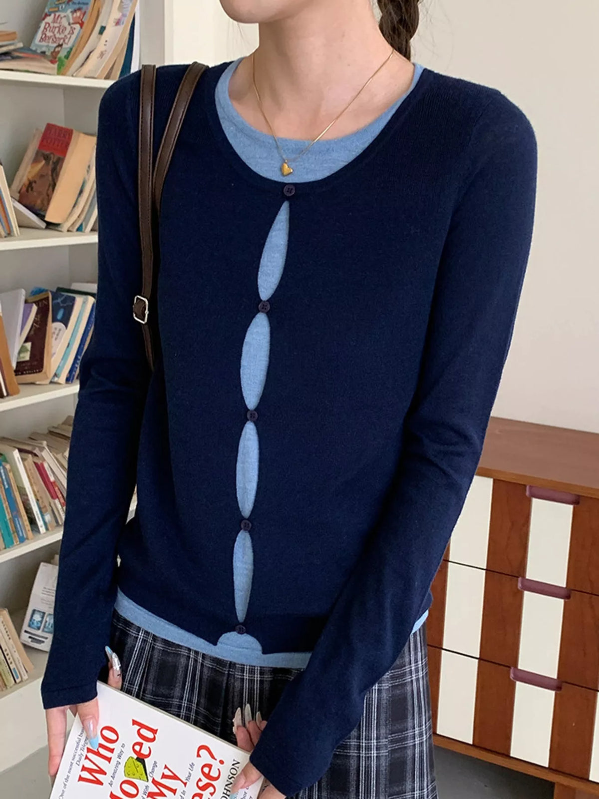 Layered Look Long Sleeve Knit Top - Navy - View 4