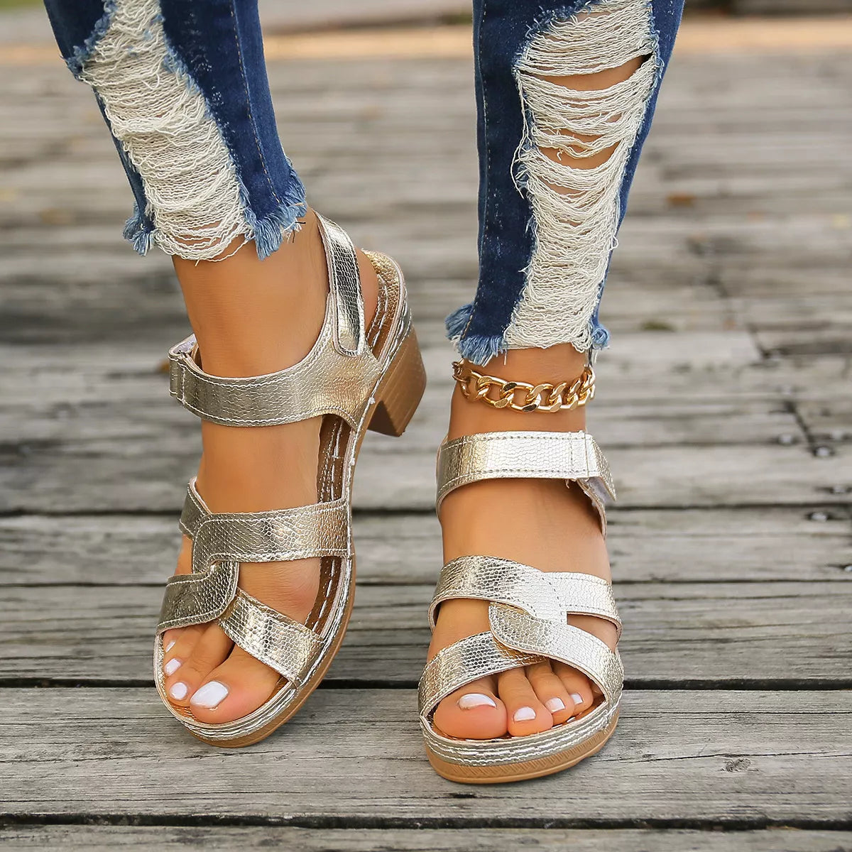 Open Toe Block Heels Sandals - Gold - View 10