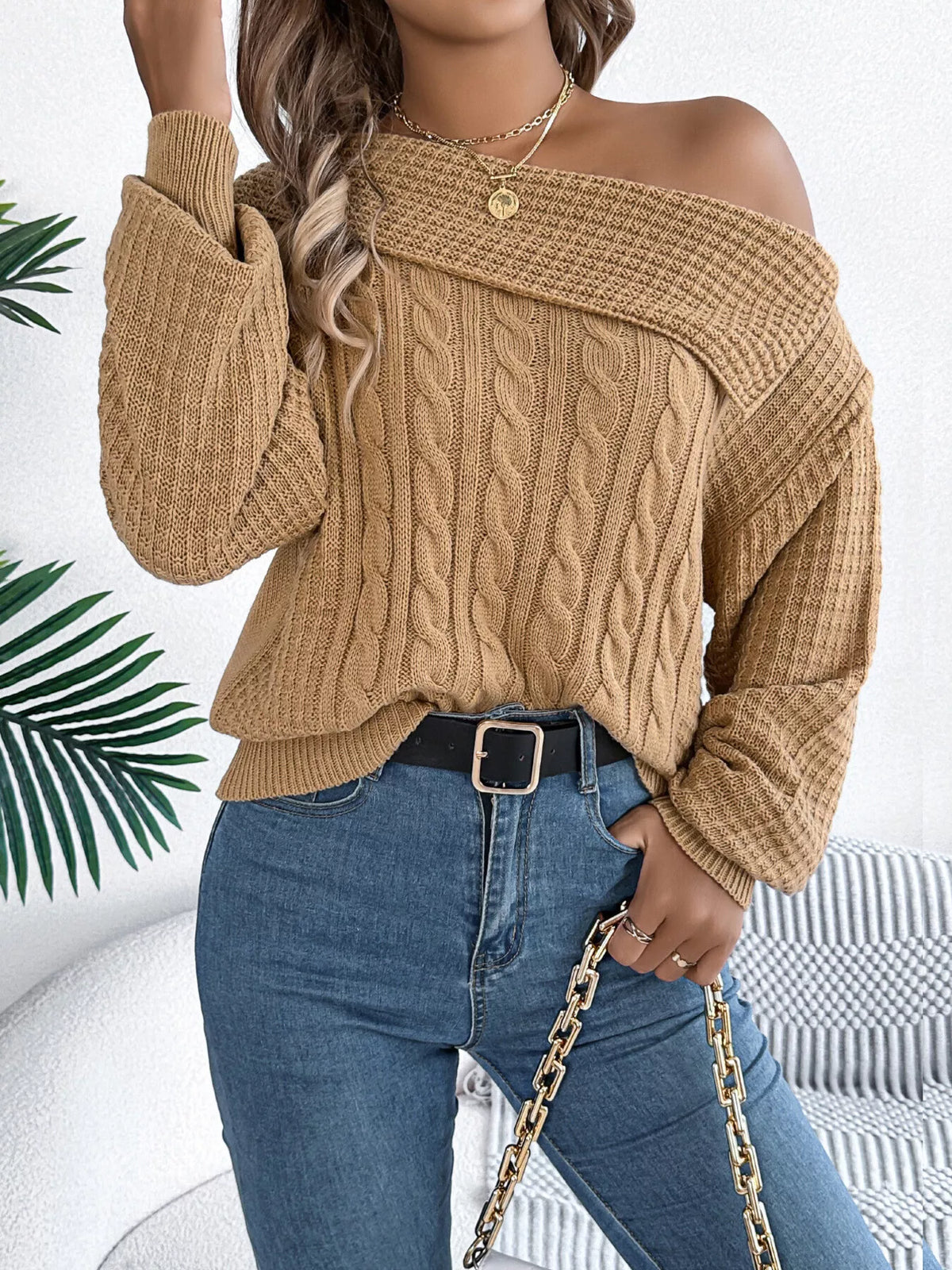 One Shoulder Cable Knit Sweater - Camel - View 6