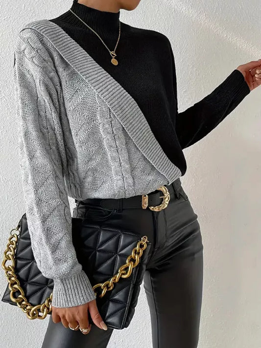 Color Block Cable Knit Mock Neck Sweater - Gray - View 2