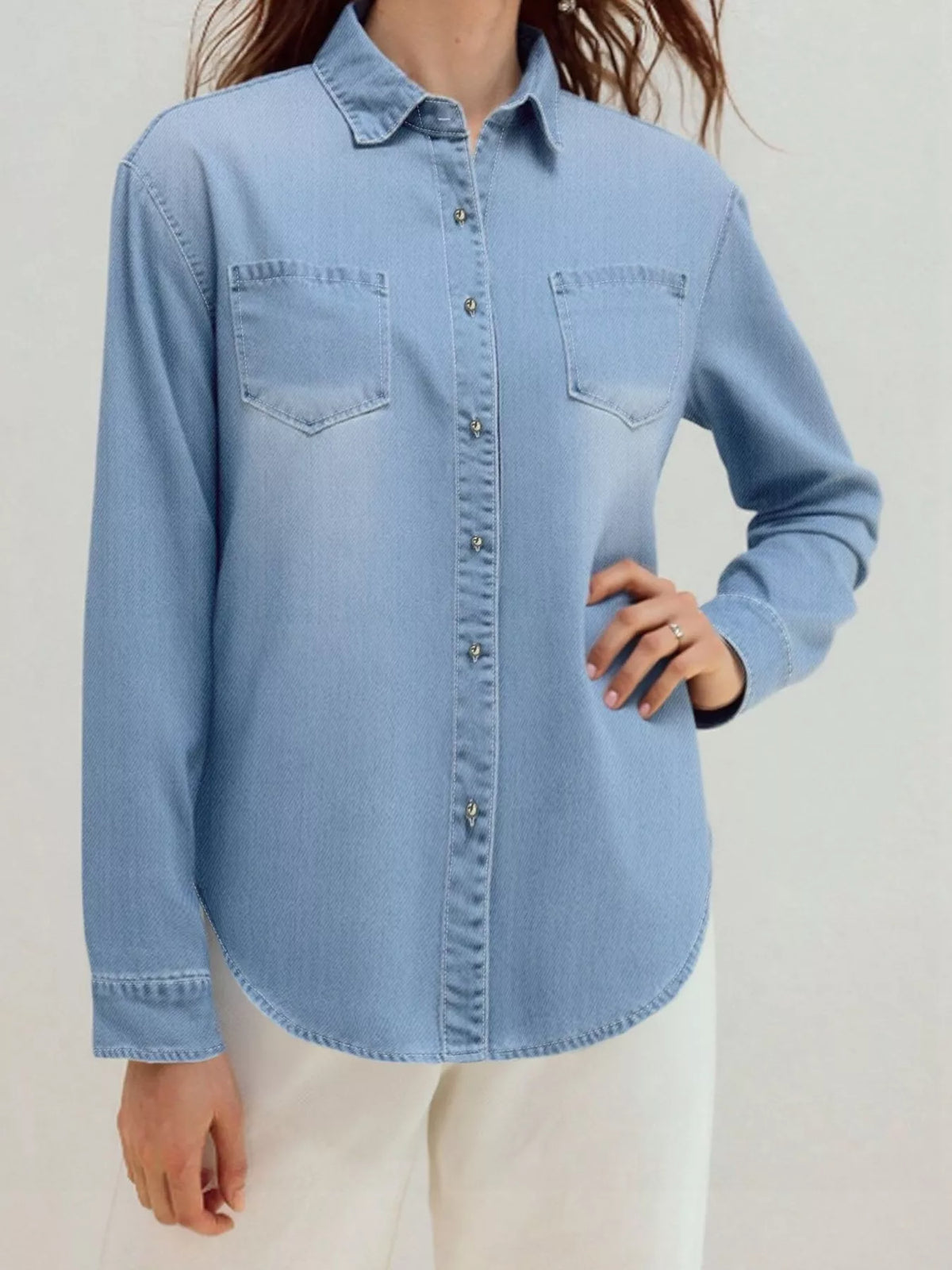 Full Size Button-Up Long Sleeve Denim Shirt Plus Size - Blue - View 2