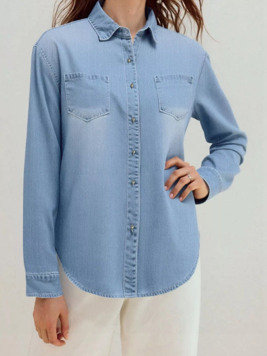 Full Size Button-Up Long Sleeve Denim Shirt Plus Size - Blue - View 2