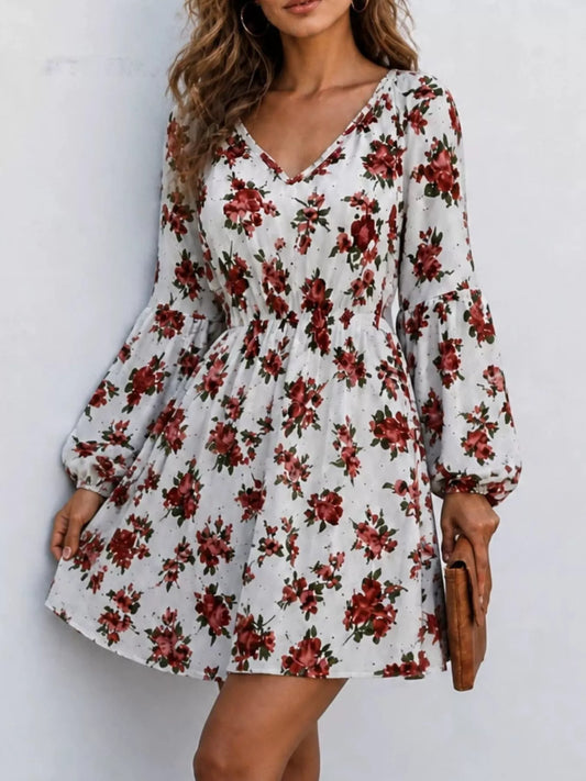 Floral Print V-Neck Long Sleeve Mini Dress - White - View 2