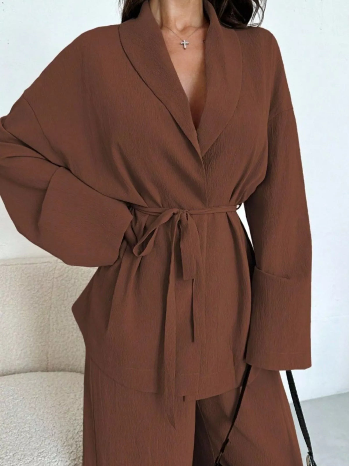 Front Tied Shirt and Wide-Leg Pants Set - Dark Brown - View 13
