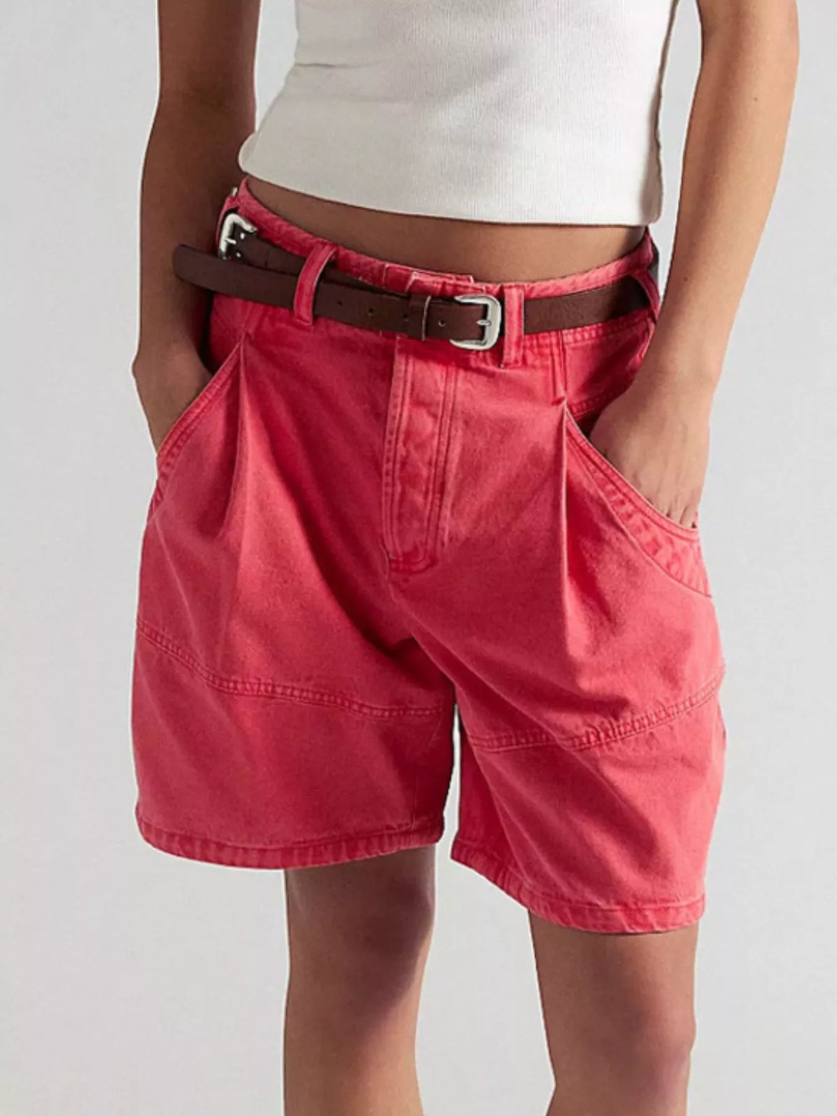 High-Waisted Denim Shorts - Red - View 1